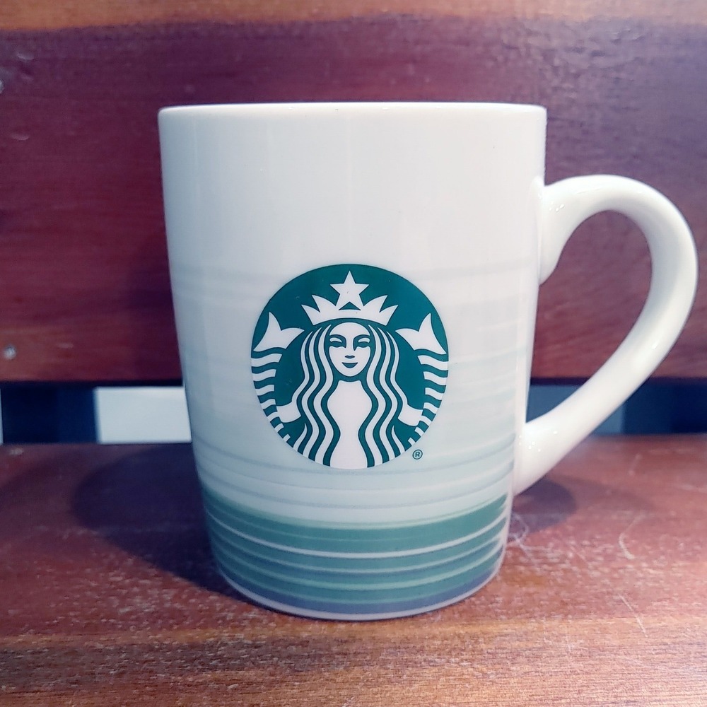 Starbucks 2021 Ceramic Coffee Mug 10oz White Green Blue Gradient Stripe Siren